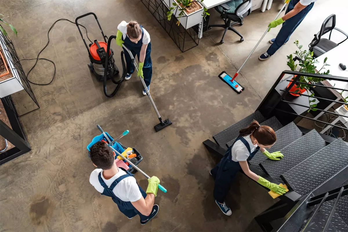 Professional cleaners caring for an office and its floors