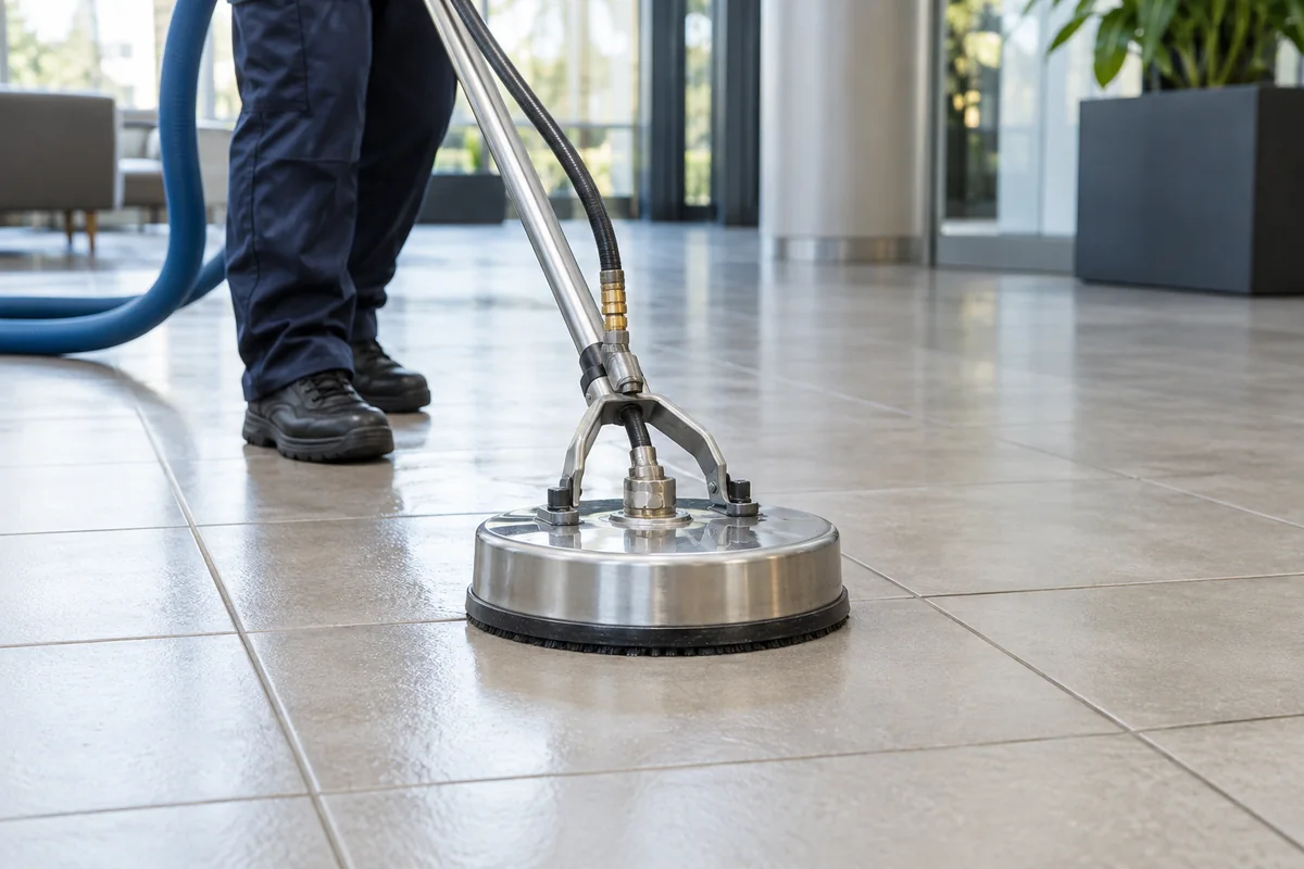 Illustration of professional tile and grout cleaning in a commercial lobby